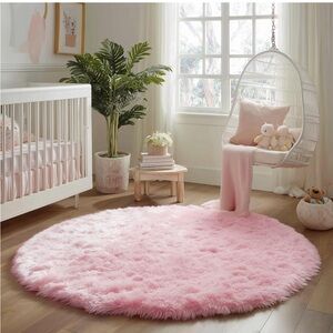 Pink Fluffy Round Rug